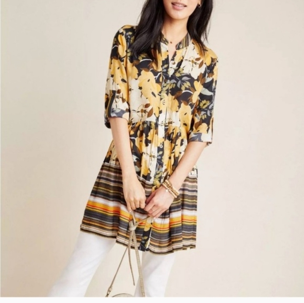 Anthropologie BLNK London Floral Tunic Dress Boho Mustard 3/4 Sleeve Small